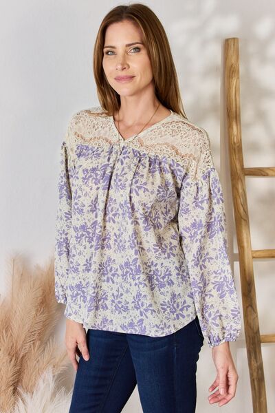 Hailey & Co Full Size Lace Detail Printed Blouse - Flyclothing LLC