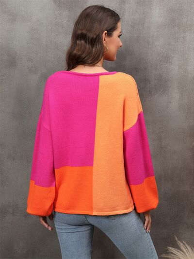 Color Block Round Neck Sweater - Flyclothing LLC