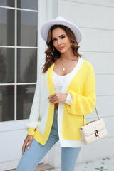 Open Front Contrast Color Balloon Sleeve Cardigan - Flyclothing LLC