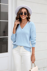 Ribbed V-Neck Dropped Shoulder Knit Top - Trendsi