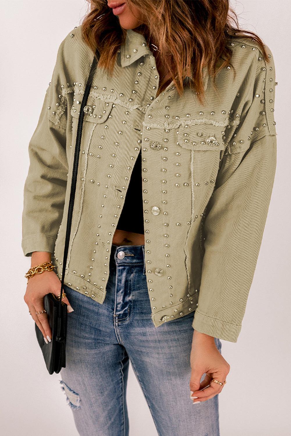 Frayed Trim Rivet Denim Jacket - Flyclothing LLC