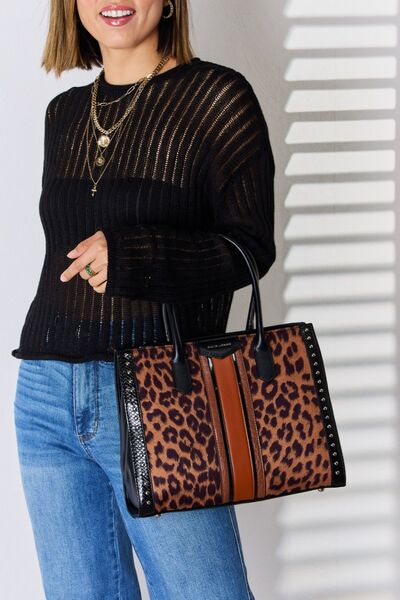 David Jones Leopard Contrast Rivet Handbag - Flyclothing LLC