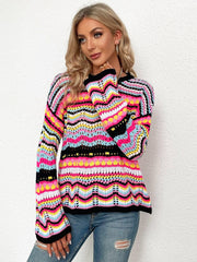 Rainbow Stripe Openwork Flare Sleeve Knit Top - Flyclothing LLC