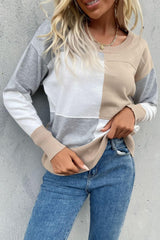 Color Block Ribbed Trim Round Neck Knit Pullover - Trendsi