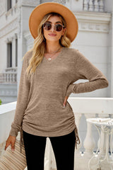 Heathered Drawstring V-Neck Top - Trendsi