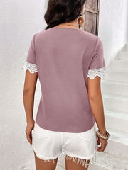 Lace Detail V-Neck Short Sleeve T-Shirt - Flyclothing LLC