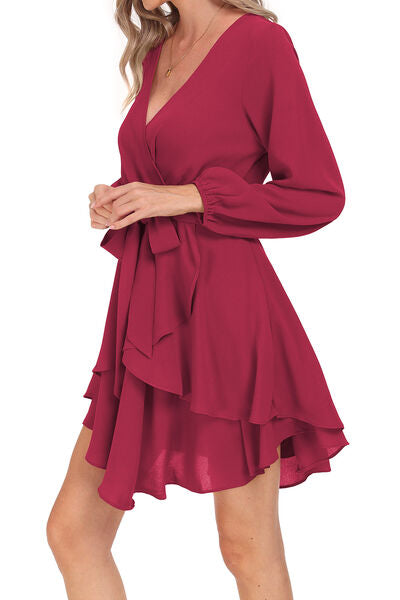 Tied Surplice Balloon Sleeve Layered Dress - Flyclothing LLC