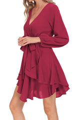 Tied Surplice Balloon Sleeve Layered Dress - Flyclothing LLC