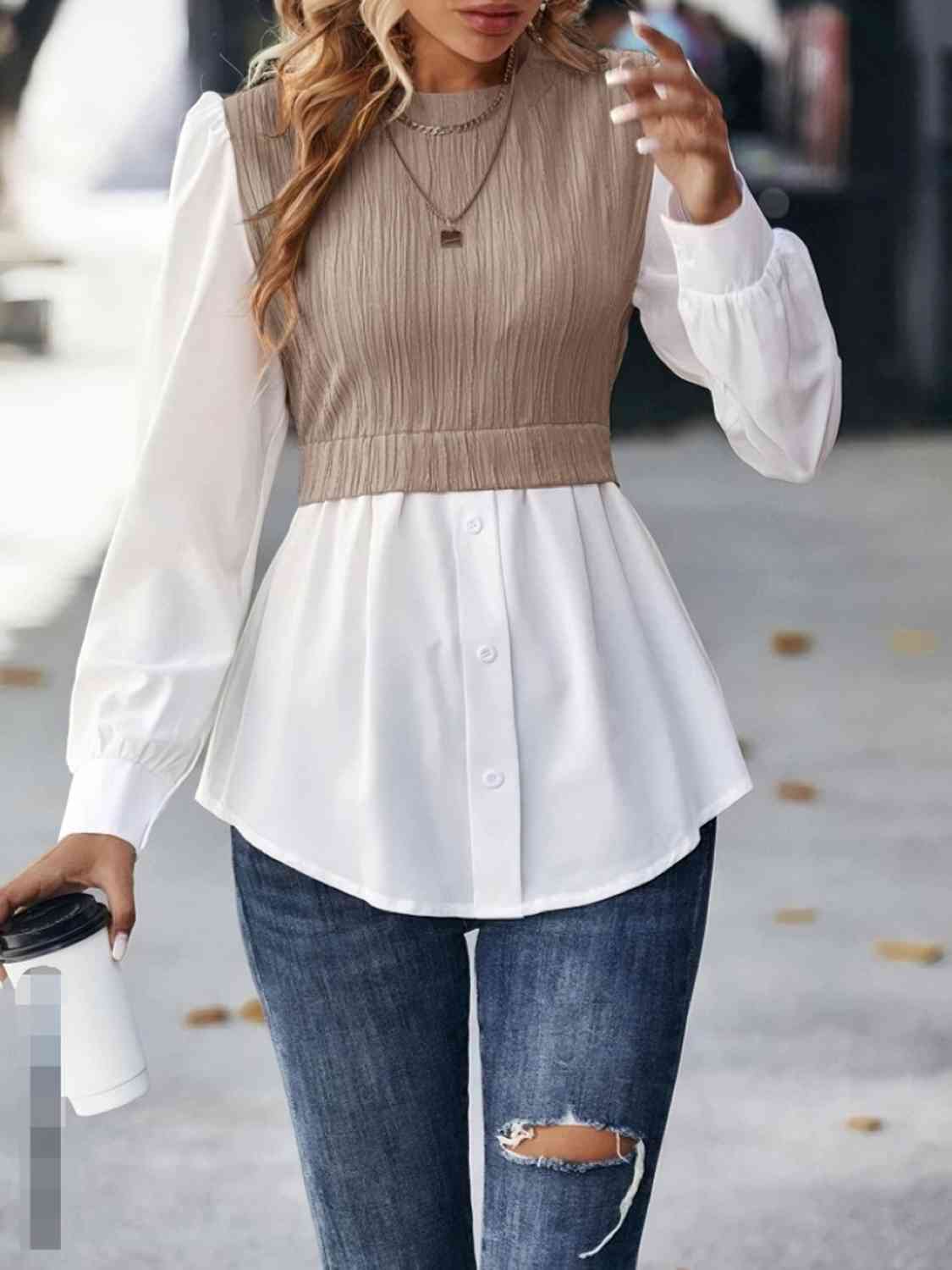 Contrast Round Neck Puff Sleeve Blouse - Flyclothing LLC