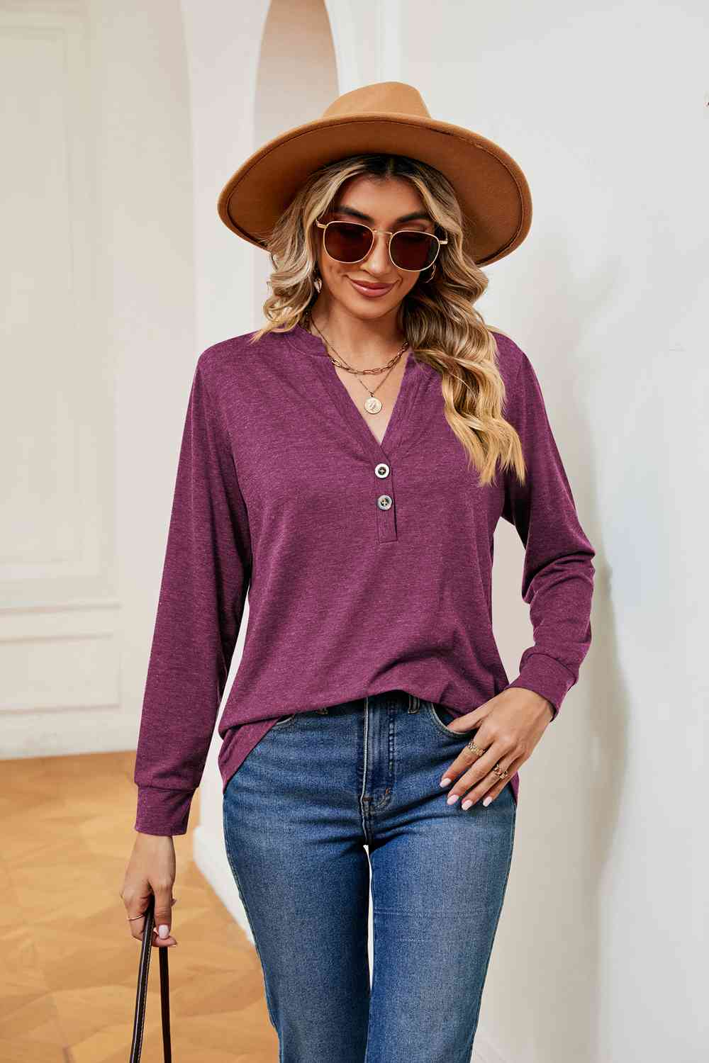 Buttoned Notched Neck Long Sleeve Top - Flyclothing LLC