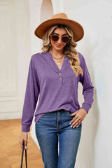 Buttoned Notched Neck Long Sleeve Top - Trendsi