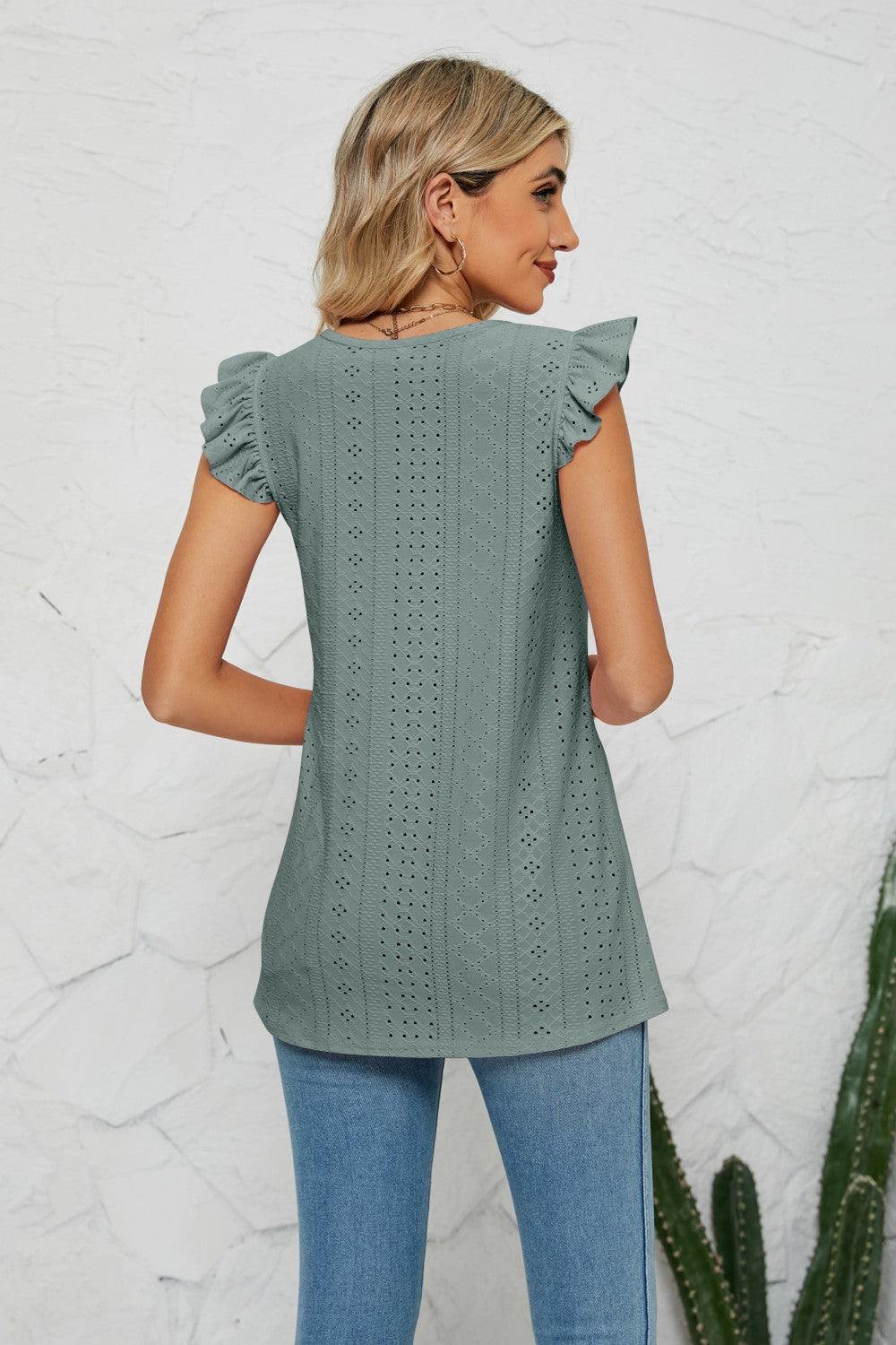 Smocked Round Neck Eyelet Top - Flyclothing LLC