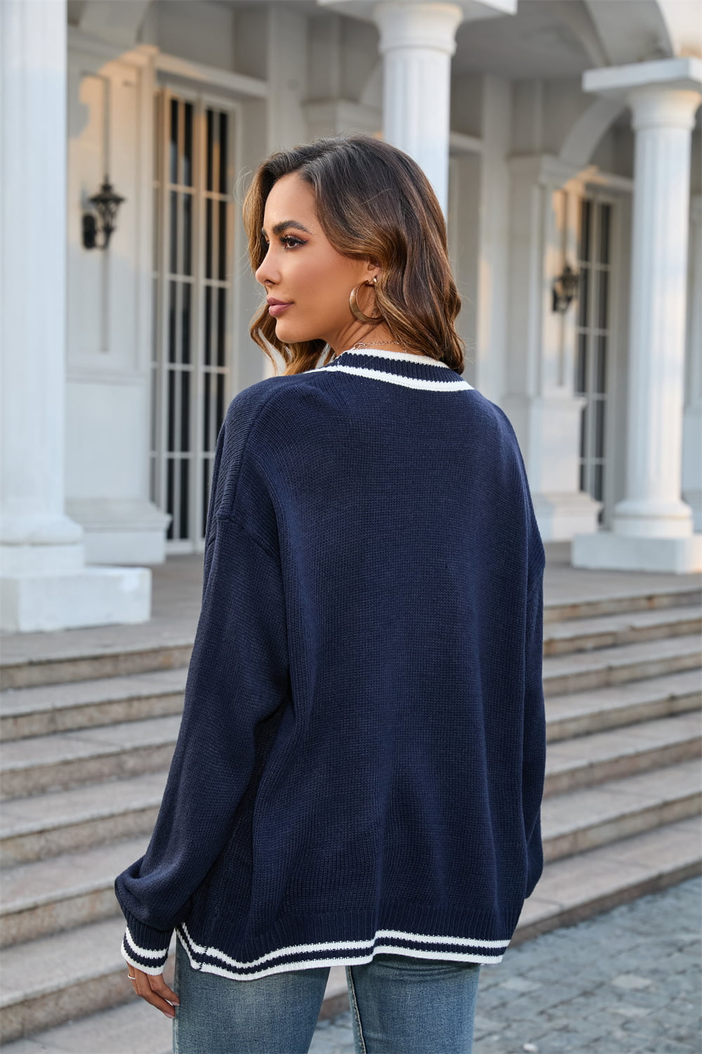 Buttoned V-Neck Long Sleeve Cardigan - Trendsi