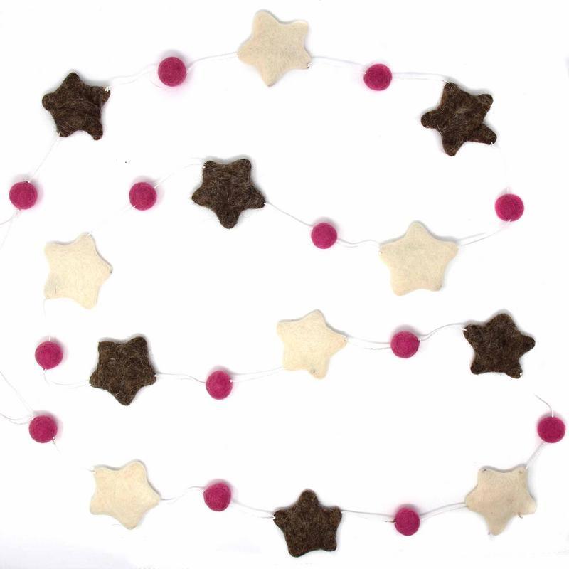 Hand Crafted Felt from Nepal: Stars Garland, Grey/Pink - Flyclothing LLC