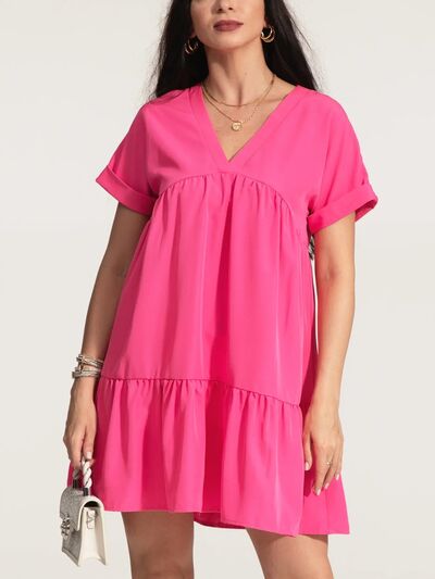 V-Neck Short Sleeve Ruffle Hem Dress - Flyclothing LLC