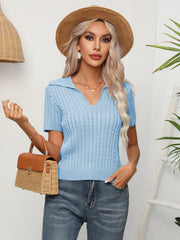 Cable-Knit Johnny Collar Short Sleeve Knit Top - Flyclothing LLC