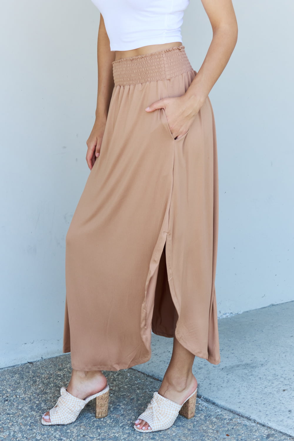 Doublju Comfort Princess Full Size High Waist Scoop Hem Maxi Skirt in Tan - Flyclothing LLC