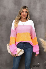 Color Block Round Neck Dropped Shoulder Sweater - Trendsi