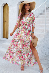 Printed Tied Half Sleeve Slit Dress - Flyclothing LLC