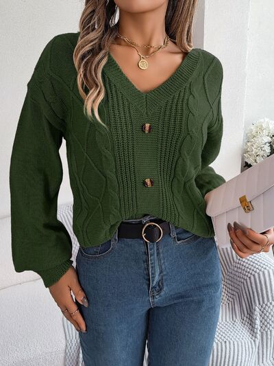 Cable-Knit Buttoned V-Neck Sweater - Flyclothing LLC