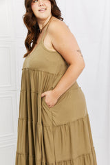 Zenana Full Size Spaghetti Strap Tiered Dress with Pockets in Khaki - Flyclothing LLC