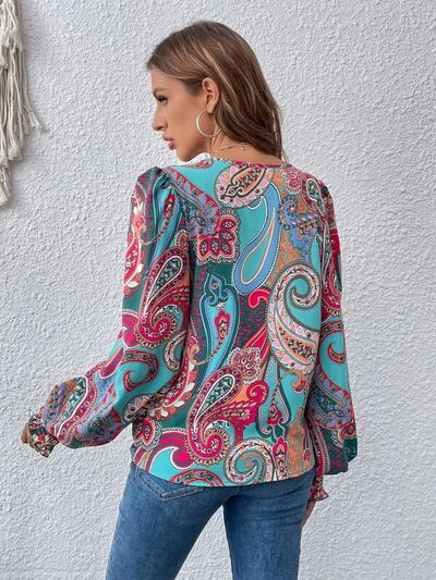 Printed Surplice Smocked Lantern Sleeve Blouse - Flyclothing LLC