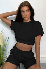 Short Sleeve Cropped Top and Drawstring Shorts Lounge Set - Flyclothing LLC