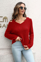 Cold Shoulder V-Neck Cable-Knit Pullover Sweater - Trendsi