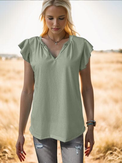 Ruffled Notched Cap Sleeve Tank - Trendsi