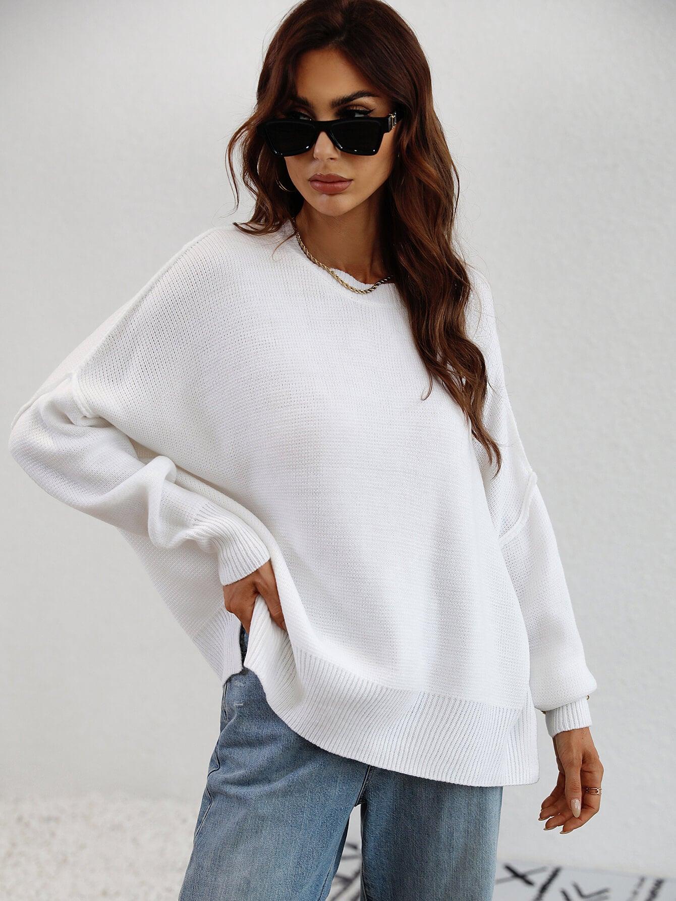 Exposed Seam Dropped Shoulder Slit Sweater - Trendsi