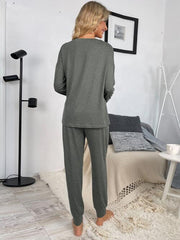 Round Neck Top and Drawstring Pants Lounge Set - Flyclothing LLC