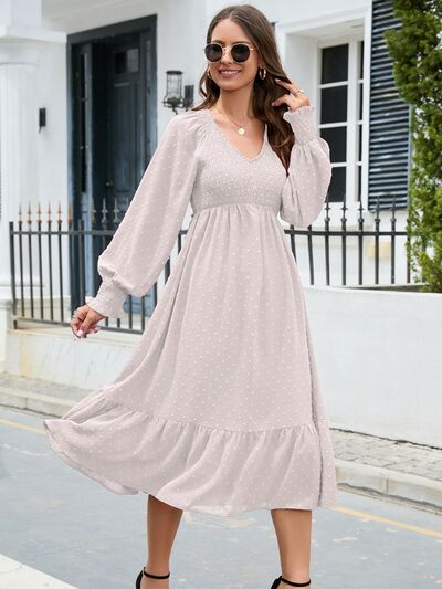 Swiss Dot V-Neck Smocked Lantern Sleeve Ruffle Hem Dress - Flyclothing LLC