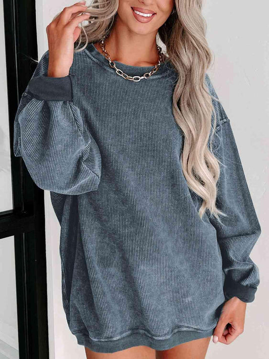 Round Neck Dropped Shoulder Sweatshirt - Trendsi