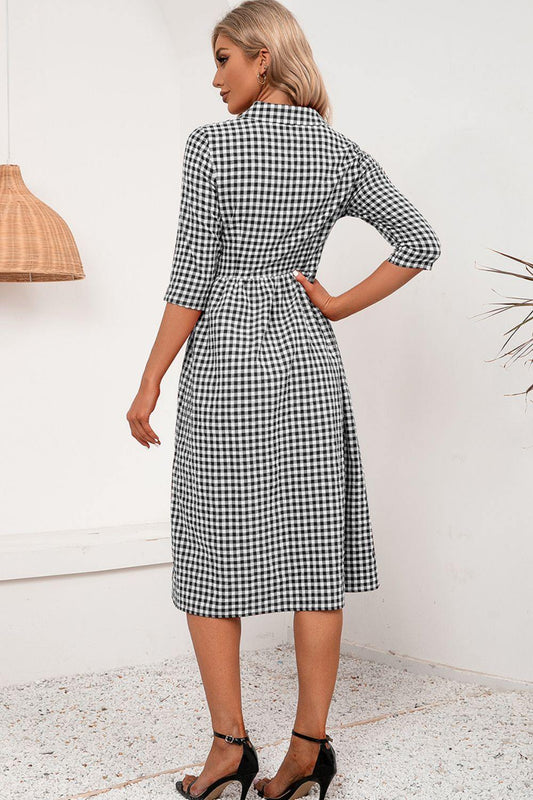 Plaid Collared Neck Midi Dress - Flyclothing LLC