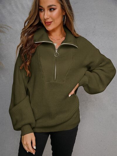 Half Zip Dropped Shoulder Sweater - Flyclothing LLC