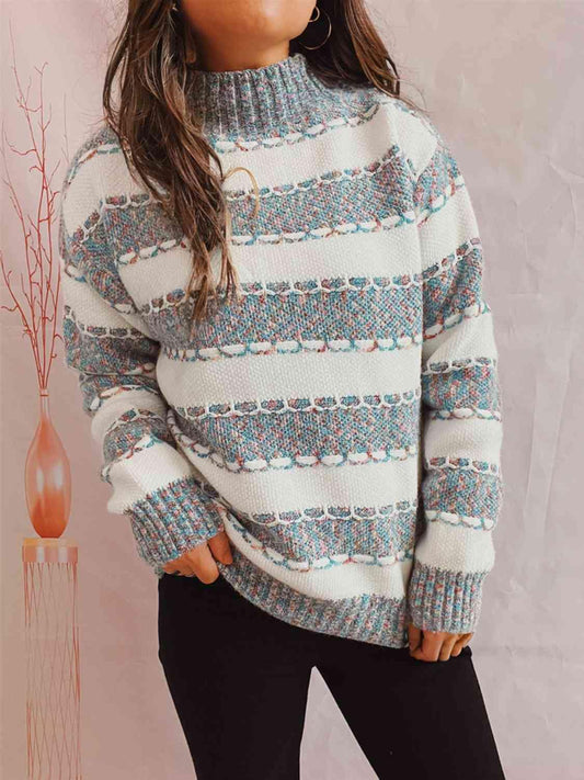 Striped Turtleneck Long Sleeve Sweater - Flyclothing LLC