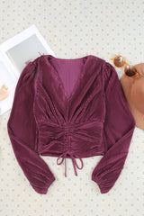 Drawstring V-Neck Balloon Sleeve Blouse - Flyclothing LLC