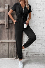 Zip-Up Short Sleeve Hooded Jumpsuit with Pockets - Flyclothing LLC