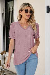 Eyelet Flounce Sleeve Scalloped V-Neck Top - Flyclothing LLC