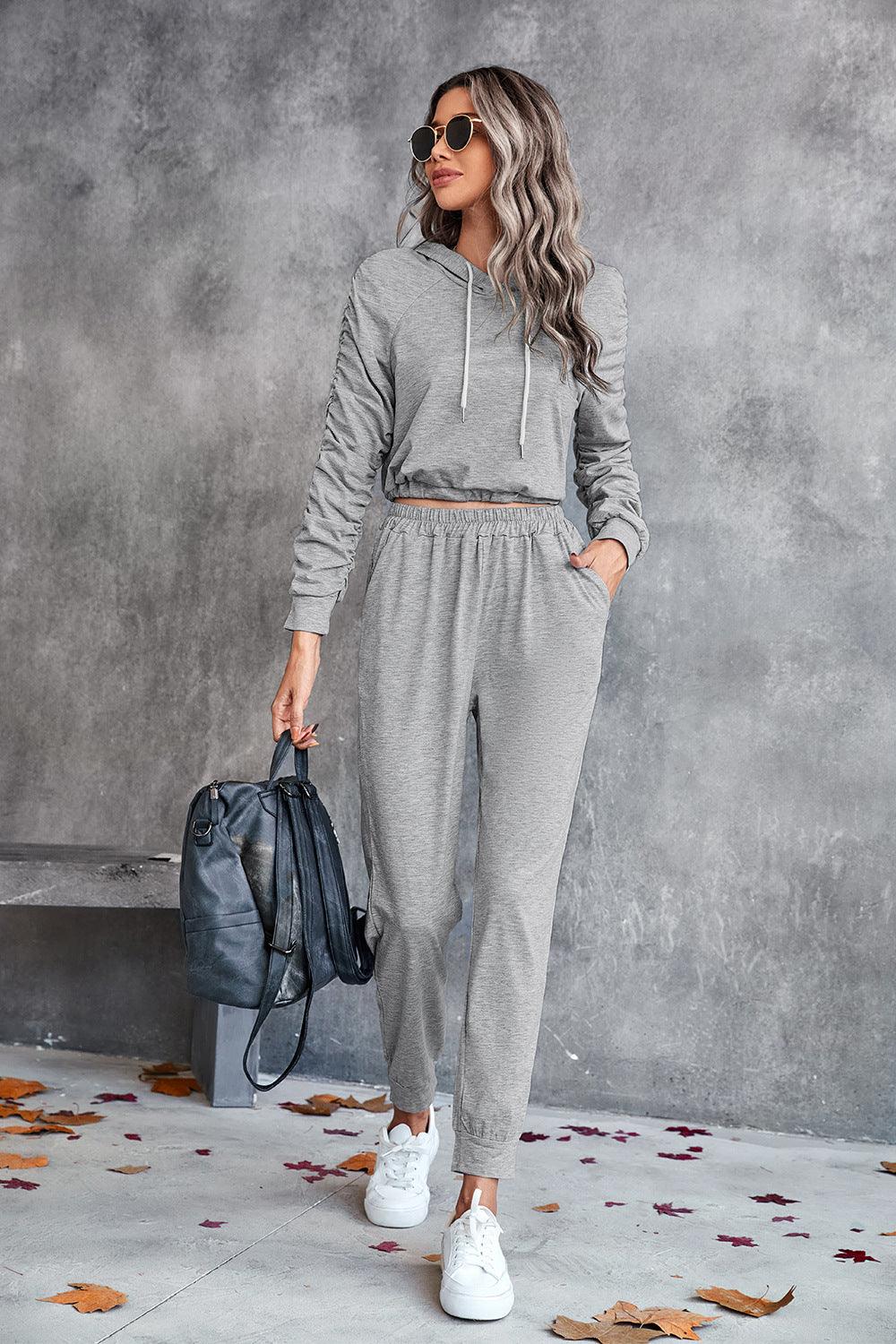 Ruched Raglan Sleeve Hoodie and Joggers Set - Flyclothing LLC