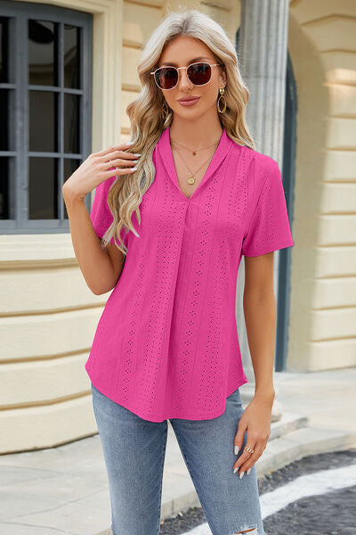 Eyelet Short Sleeve Blouse - Flyclothing LLC