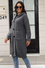 Button Up Long Sleeve Hooded Cardigan with Pockets - Flyclothing LLC