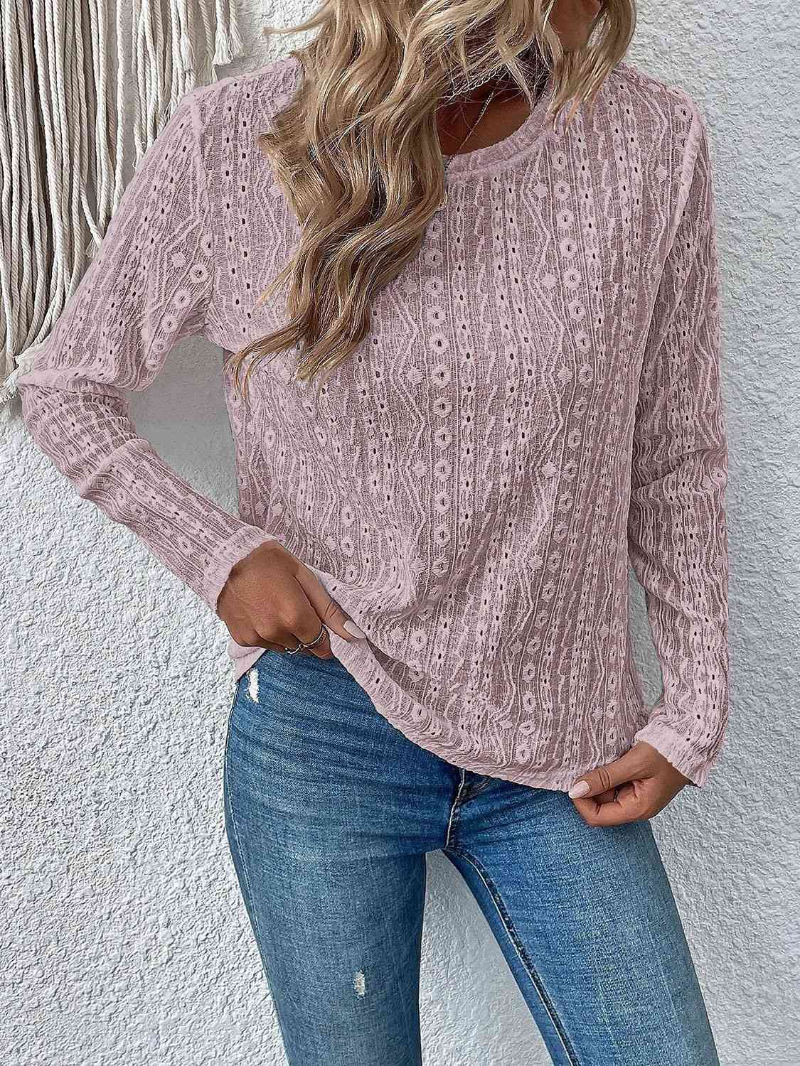 Eyelet Round Neck Long Sleeve Top - Flyclothing LLC