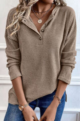 Ribbed Half Button Long Sleeve Knit Top - Flyclothing LLC