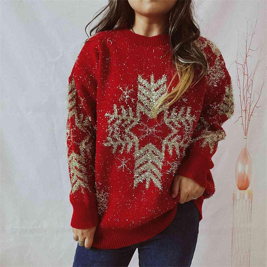 Snowflake Pattern Long Sleeve Sweater - Flyclothing LLC