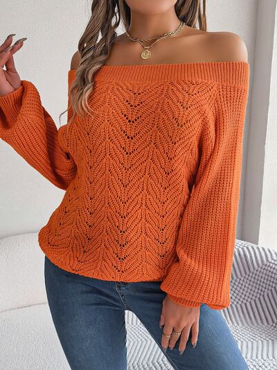 Openwork Off-Shoulder Long Sleeve Sweater - Flyclothing LLC