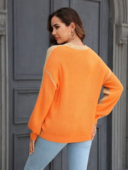 Contrast Round Neck Dropped Shoulder Sweater - Trendsi