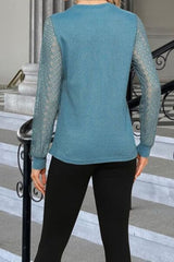 Waffle-Knit Round Neck Long Sleeve Blouse - Flyclothing LLC