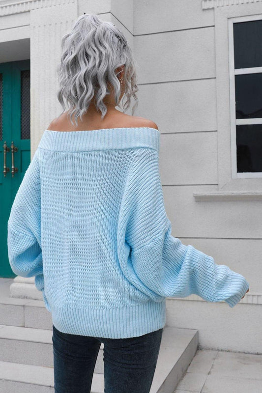 Off-Shoulder Ribbed Long Sleeve Pullover Sweater - Trendsi