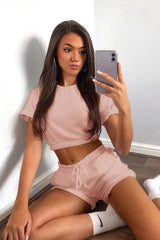 Short Sleeve Cropped Top and Drawstring Shorts Lounge Set - Flyclothing LLC